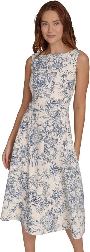 Tommy Hilfiger Women's Sleeveless Boat Neck Fit & Flare Midi Dress